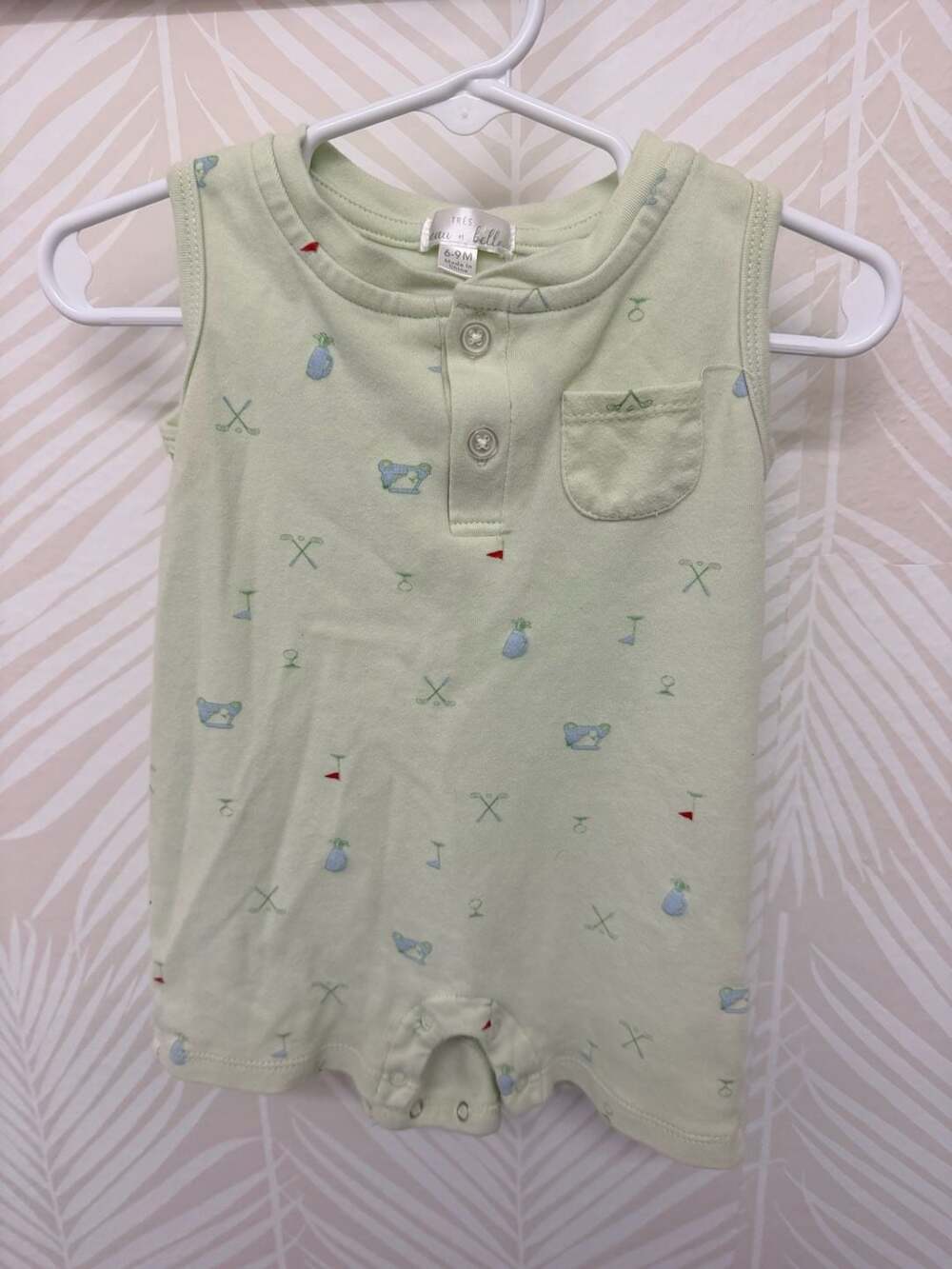 Très Eau et Belle Baby Boy Green Golf Print Henley Tank Romper, 6-9M